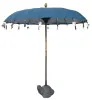 Artikelbild 1 des Artikels “Bali-Schirm , blau 2 mit Holzmünzen und Blattgold um den Rand hängend. Ca. 230cm Durchmesser und 250cm Höhe “